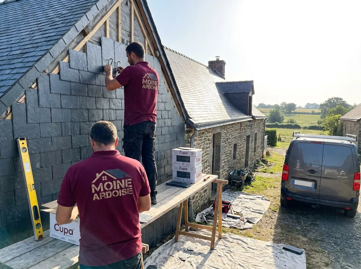 Deux couvreurs de Moine Ardoise Services posent des ardoises au crochet sur le pignon d'une longère à Saint-Macaire-en-Mauges